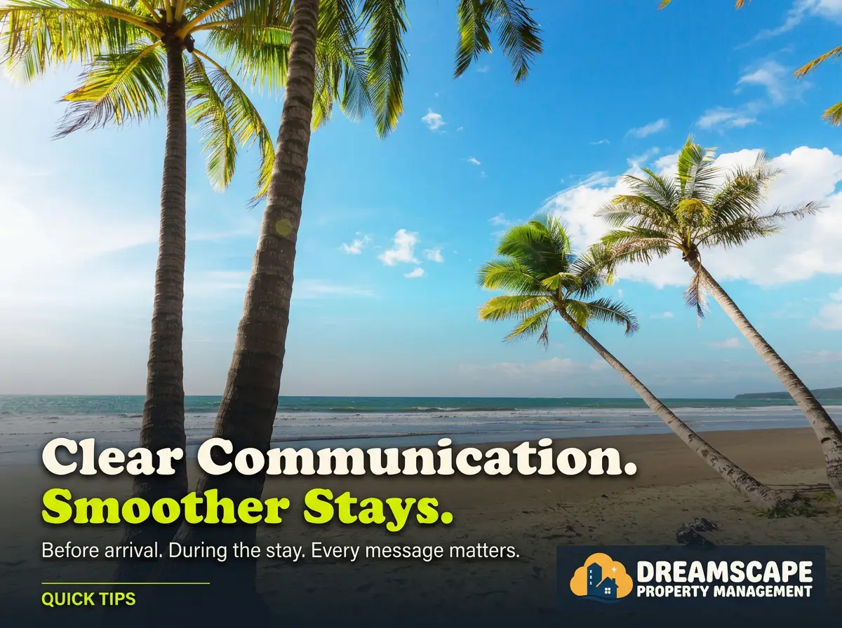 Beach scene with tall palm trees and a blue sky; overlay text says “Clear Communication. Smoother Stays.” with subtext about messages and a Dreamscape Property Management logo.